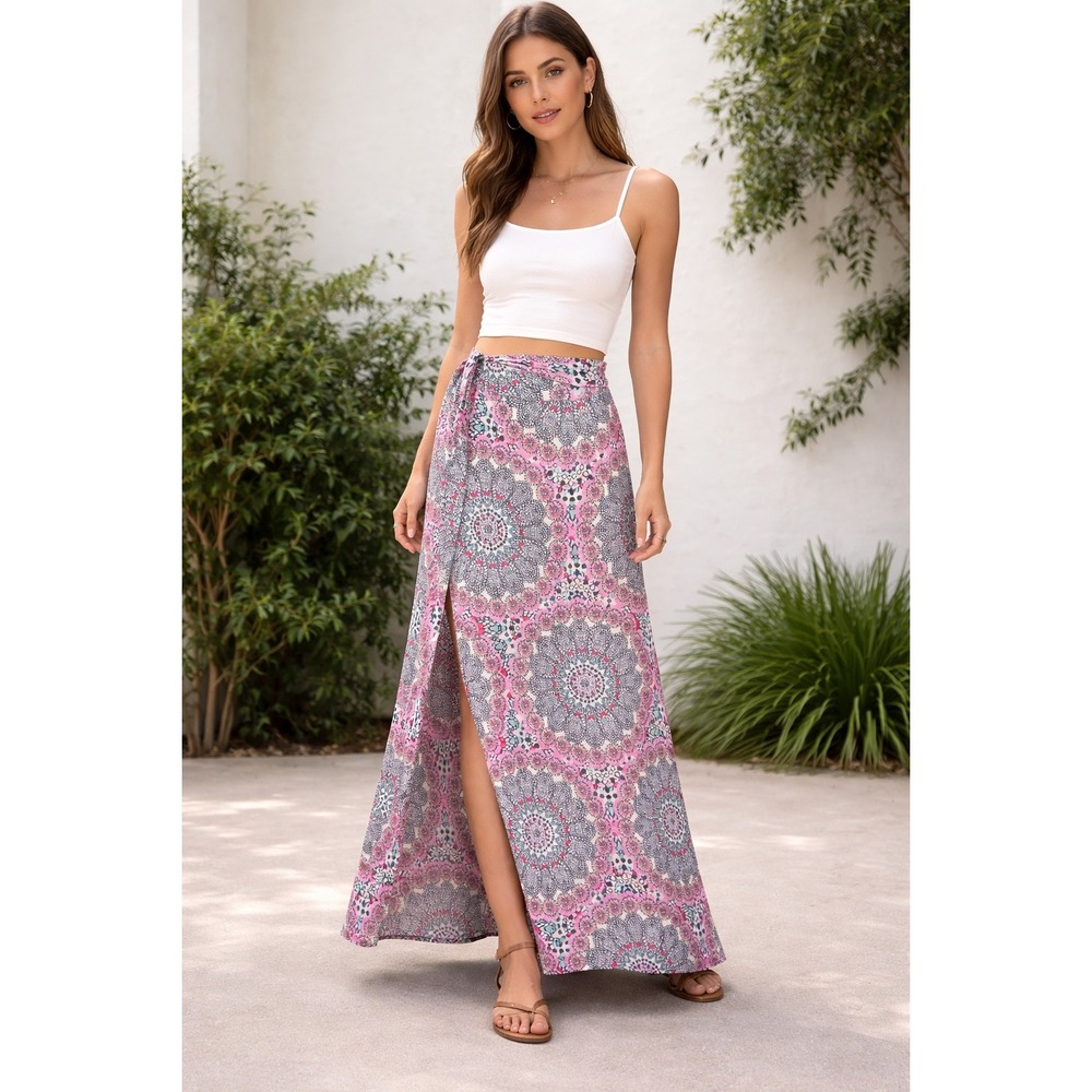 Tysa Design Wrap Maxi Skirt One Size Pink Blue Mandala Floral Boho Festival